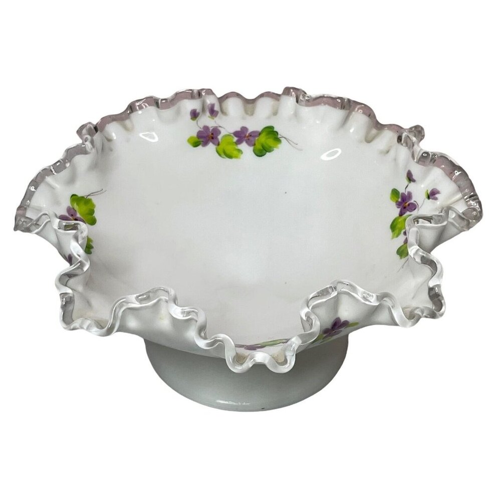 Fenton Art Glass Footed Bowl Violets In the Snow Silver Crest Ruffled Edge 8”